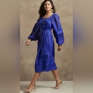 NWT Banana Republic Ramie Long Sleeve Tie Waist Midi Dress in Voltage Blue
